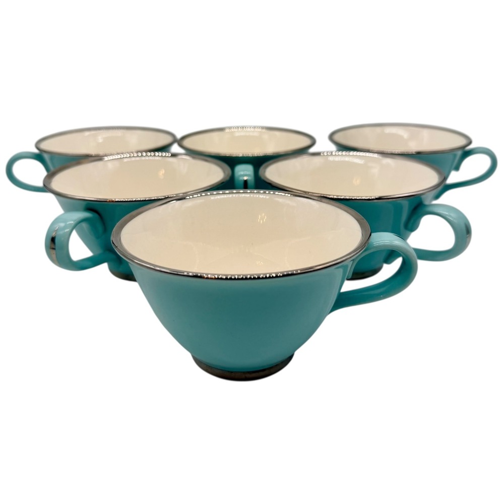 6 Taylor Smith & Taylor Platinum Turquoise Blue Rimmed Tea Cups Vintage MCM
